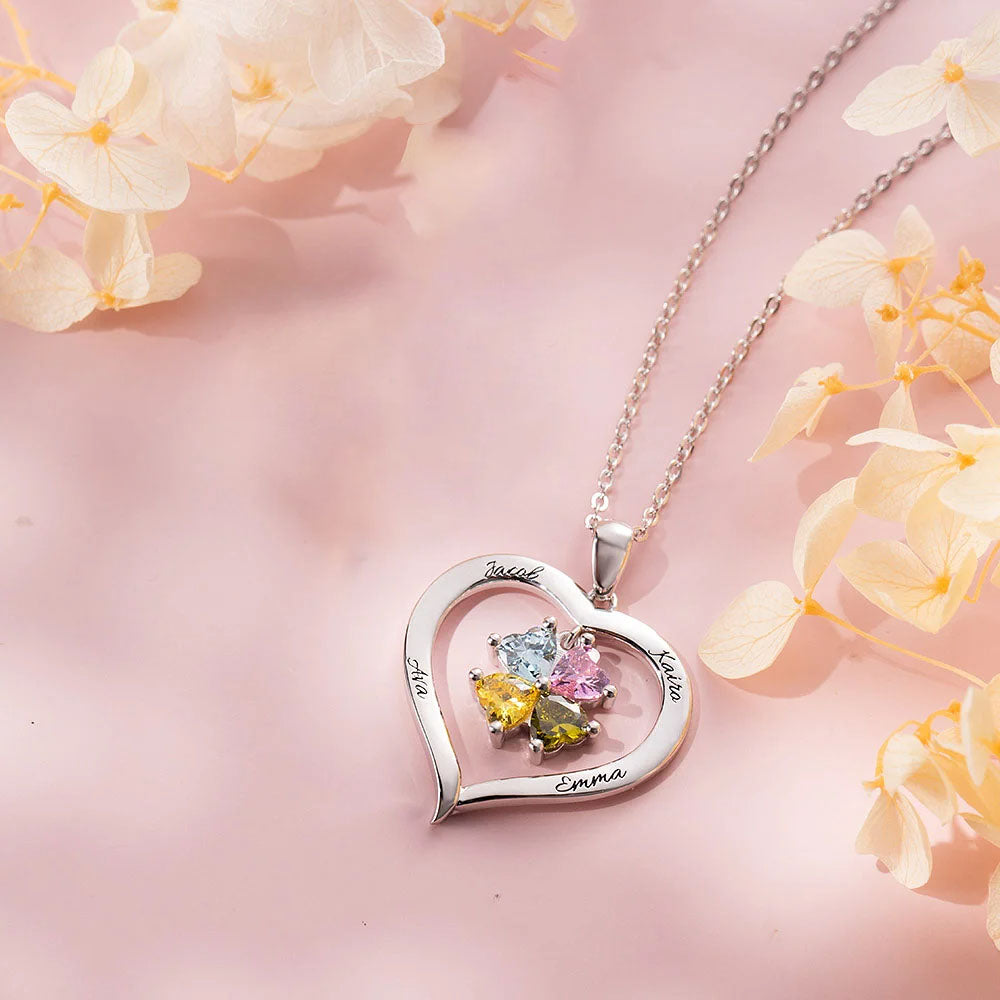 Personalized Sterling Silver Heart Shape Birthstone Necklace with 1-8 Engraved Names Mother's Day Gift for Her