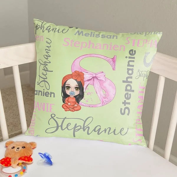 Personalised Baby Name Pillow Cover with Soft Cartoon Bow and Initial Adorable Nursery Decor and New Mom Gift