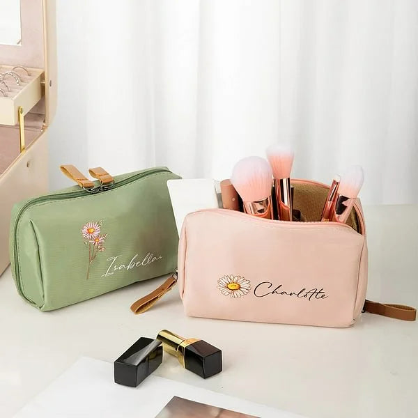 Personalized Birth Flower Makeup Bag with Name Portable Travel Accessories Birthday Bachelorette Party Gift for Women