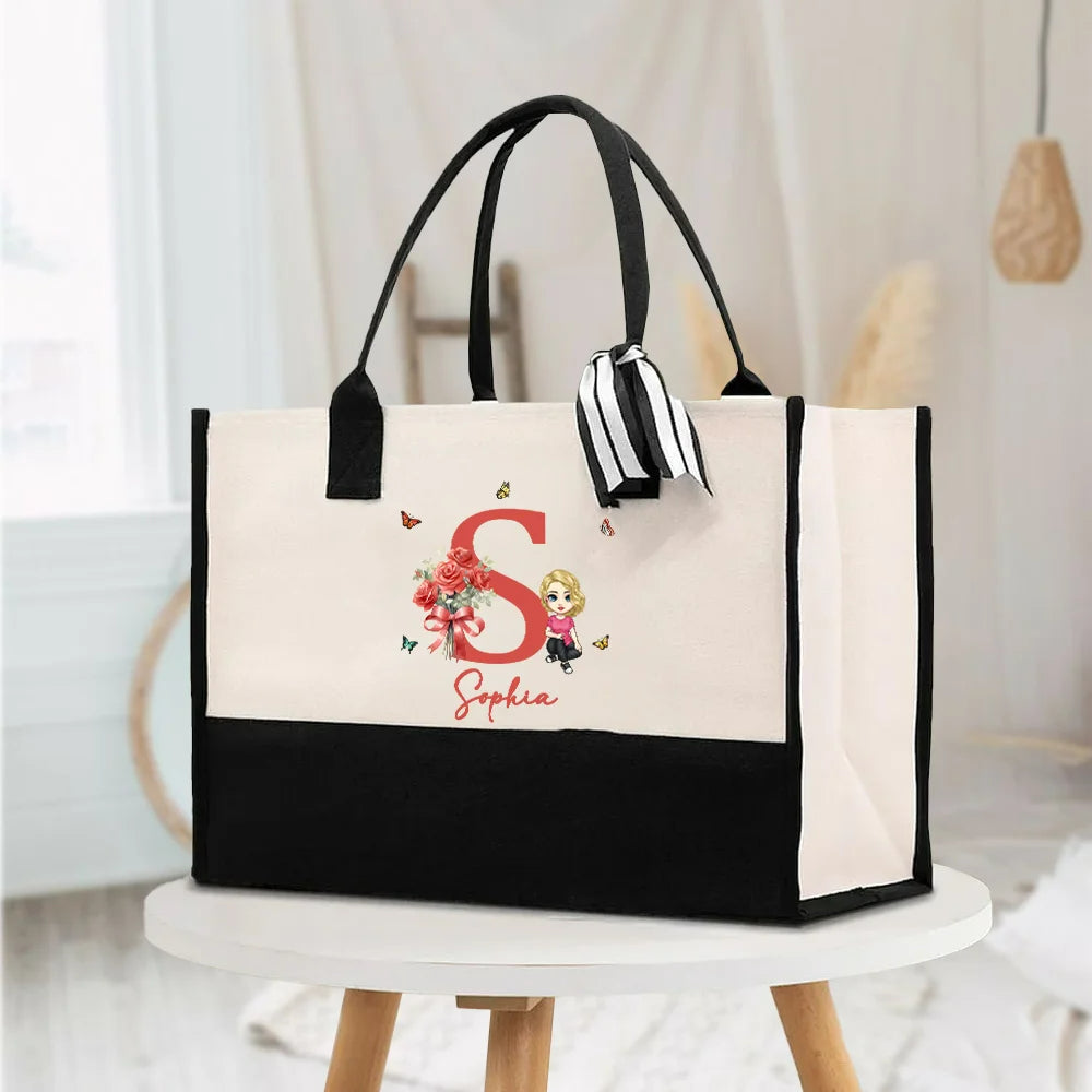 Personalised Birth Flower Bouquet Cartoon Canvas Tote with Name and Initial Reusable Bag Birthday Anniversary Gift for Girls Women