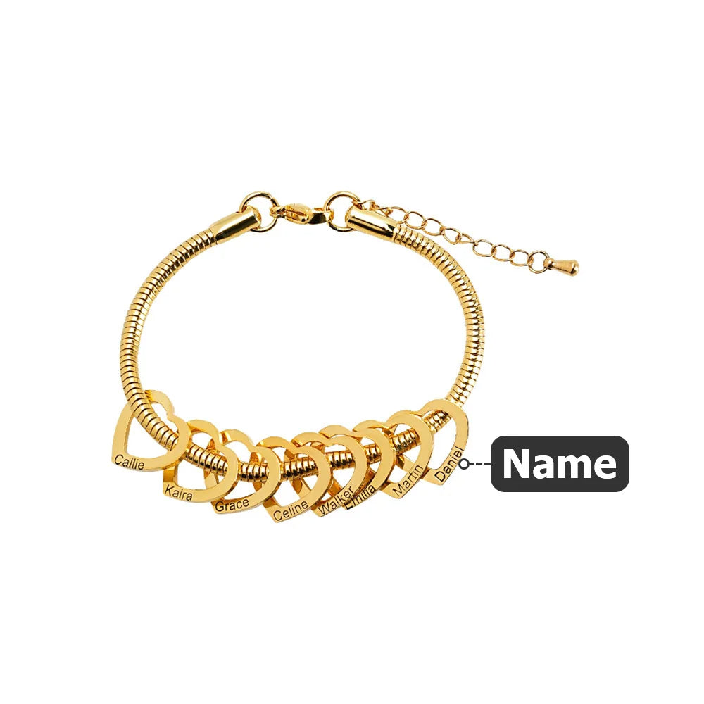 Personalized Dainty Heart Charm Bracelet with 2-5 Engraved Names Family Jewelry Mother's Day Birthday Gift for Mom Grandma