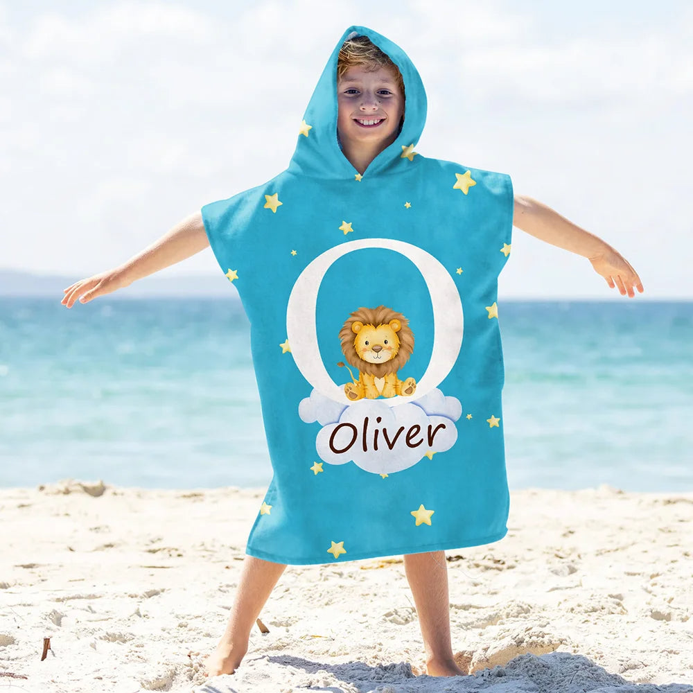 Personalized Oversized Hooded Beach Towel with Forest Animals, Name and Initial – Super Absorbent Travel Summer Vacation Birthday Gift for Kids