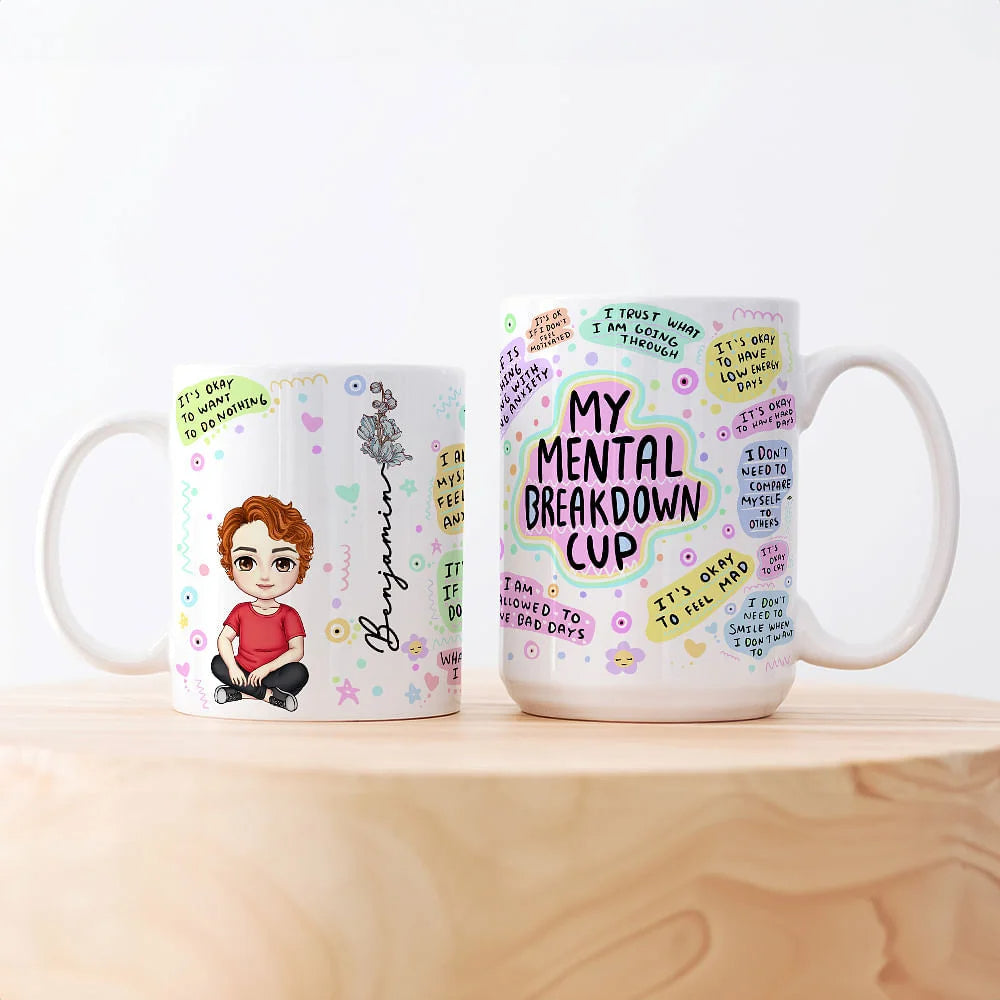 Personalised My Mental Breakdown Cartoon Ceramic Mug with Birth Flower and Name Perfect Birthday Affirmation Gift for Family or Friends