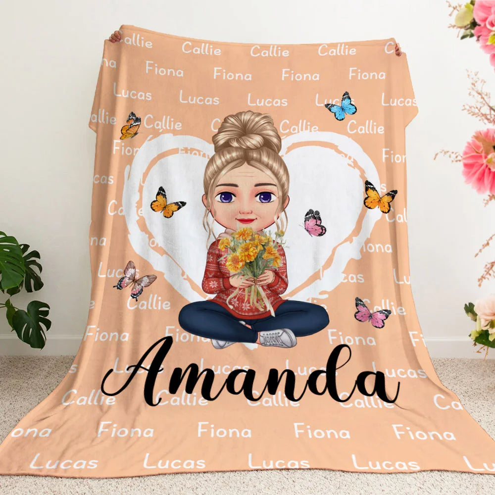 Personalized Multicolor Heart Cartoon Throw Blanket with Mom Grandma Holding Birth Flower Bouquet Name Home Decor Birthday and Christmas Gift for Women