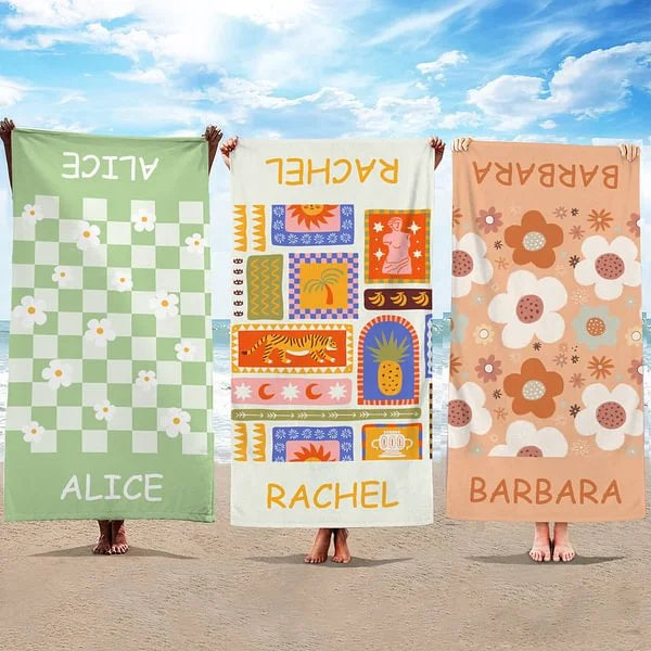 Personalised Quick-Dry Beach Towel with Summer Flowers Coconut Plaid Design – Name Custom Travel Essential Birthday Gift for Kids Family Friends
