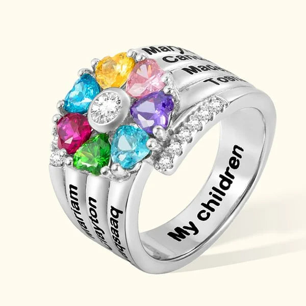 Personalised Heart Assortment 1-8 Birthstones Sterling Silver Ring with Engraved Name and Text Mother's Day Birthday Gift for Woman