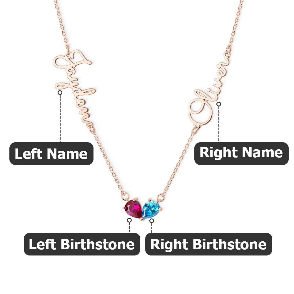 Personalised Dainty Double Heart-Shaped Birthstone Necklace with Names Birthday Anniversary Valentine's Day Gift for Women Sisters