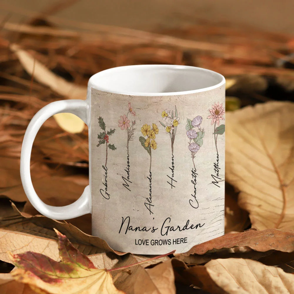 Personalised 11oz Ceramic Mug with Love Grows Here Design, 1-15 Birth Flowers and Names – Perfect Mother’s Day Gift for Mom or Grandma