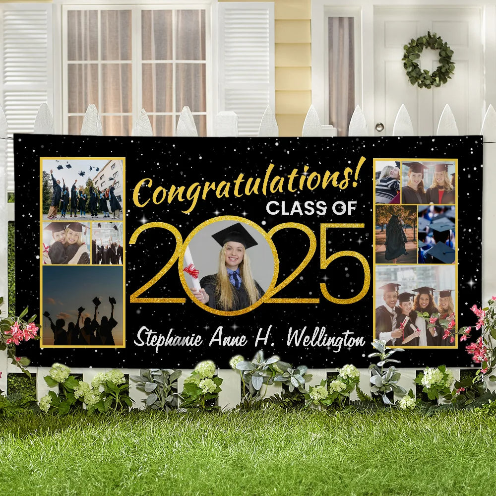 Personalised Class of 2025 Graduation Banner with 3–17 Photo Collages and Name – Celebration Party Decor and Gift for Graduates