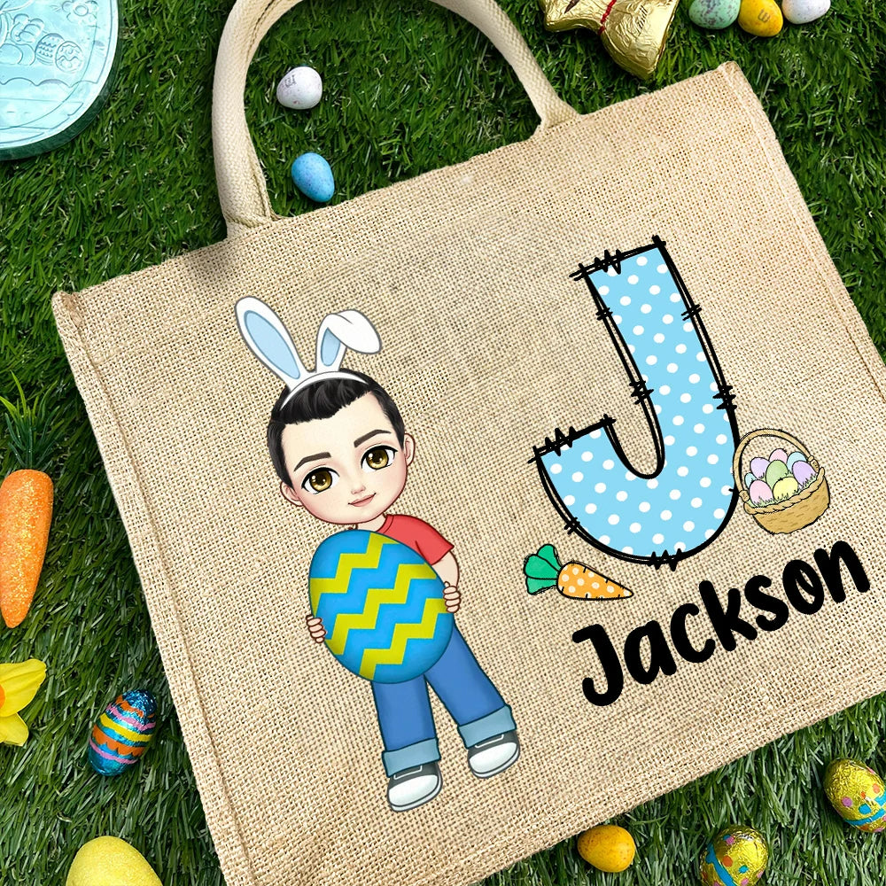 Personalised Easter Egg Hunt Jute Tote Bag with Name Cute Cartoon Boy or Girl Holding Egg, Initial Gift for Kids Easter Theme Party Favors