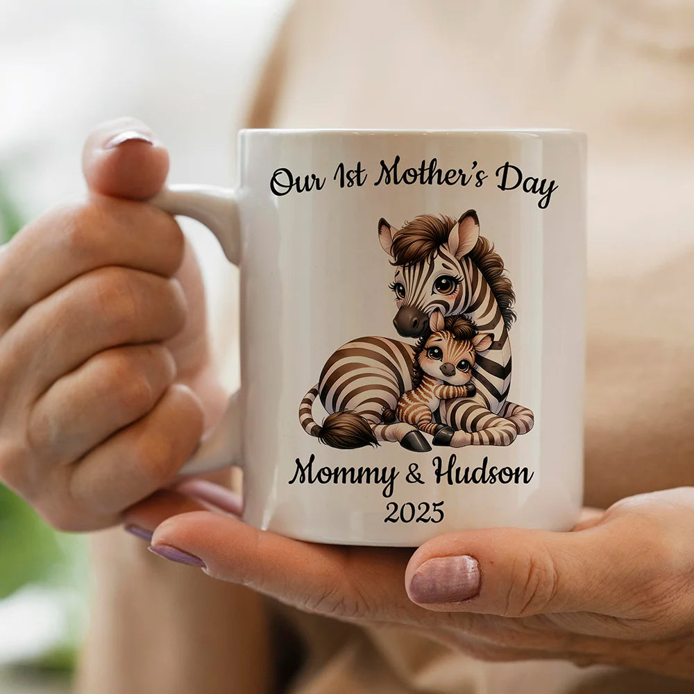 Personalised Our First Mother's Day Ceramic Mug with Adorable Animal Design, Name & Year – Heartfelt Gift for Mom's Special Day