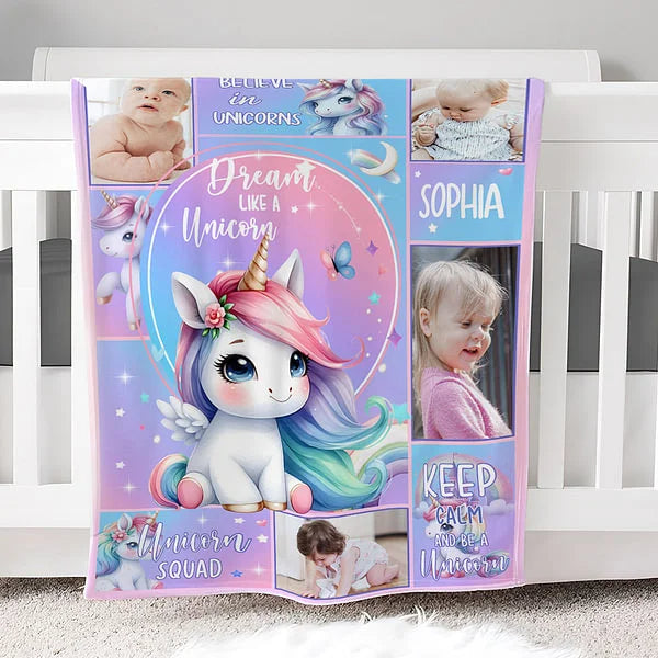 Personalised Unicorn Fantasy Photo Collage Throw Blanket with Name Soft Sofa Decor Perfect Birthday or Baby Shower Gift for Baby Girls