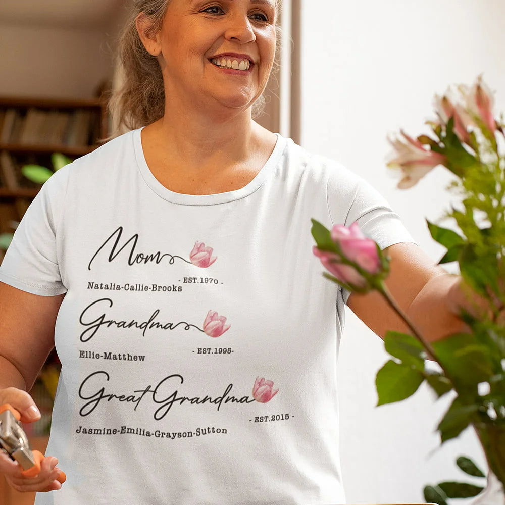 Personalised Multicolor Birth Flower T-Shirt or Sweatshirt with Names and Year Thoughtful Gift for Mom or Grandma on Mother’s Day