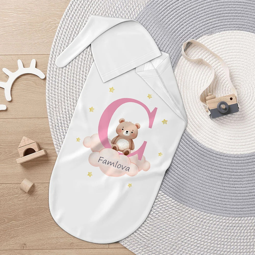 Personalized Baby Swaddle Set | Embroidered Cotton Animal Hat & Blanket for Baptism Gifts, Baby Shower Essentials