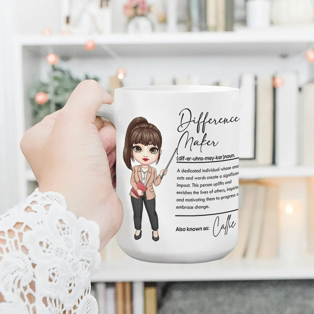 Personalised Difference Maker Cartoon Teaching Character Ceramic Mug (11oz/15oz) with Name Perfect Teacher’s Day or Back-to-School Gift