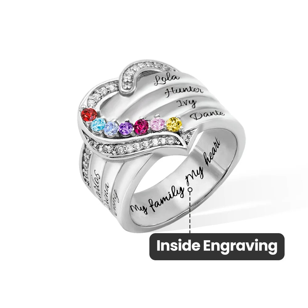 Personalised Heart Design Sterling Silver Ring Engraved 1-8 Birthstones and Names Birthday Mother's Day Gift for Women