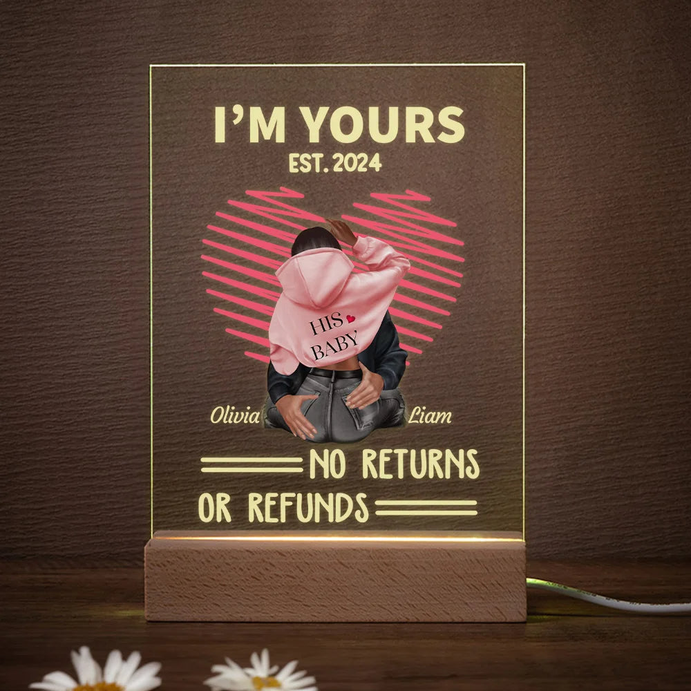 Personalised "I Am Yours No Returns or Refunds" LED Night Light with Wooden Base – Romantic Valentine's Day Gift for Couples