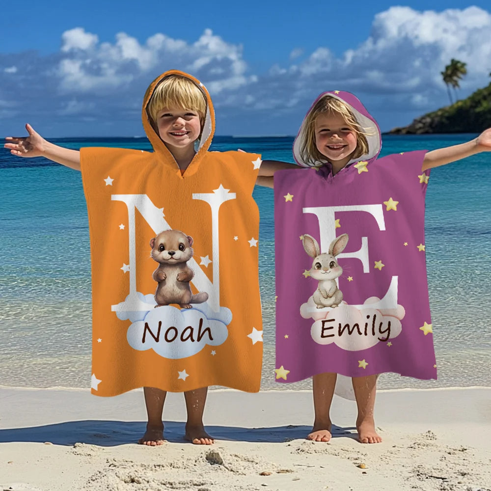 Personalized Oversized Hooded Beach Towel with Forest Animals, Name and Initial – Super Absorbent Travel Summer Vacation Birthday Gift for Kids