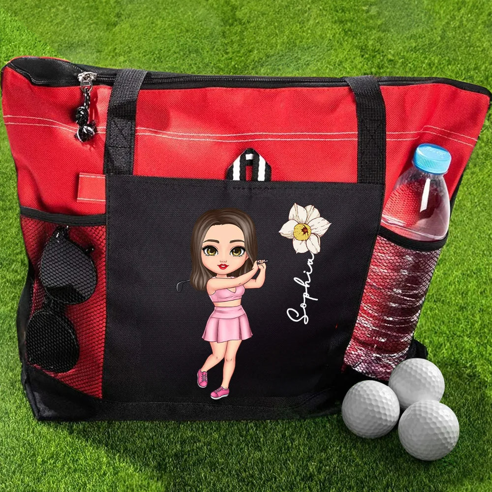 Personalised Golf Lover Waterproof Tote with Cartoon Character Name and Birth Flower Large Travel Bag Birthday Gift for Golf Fans and Lovers