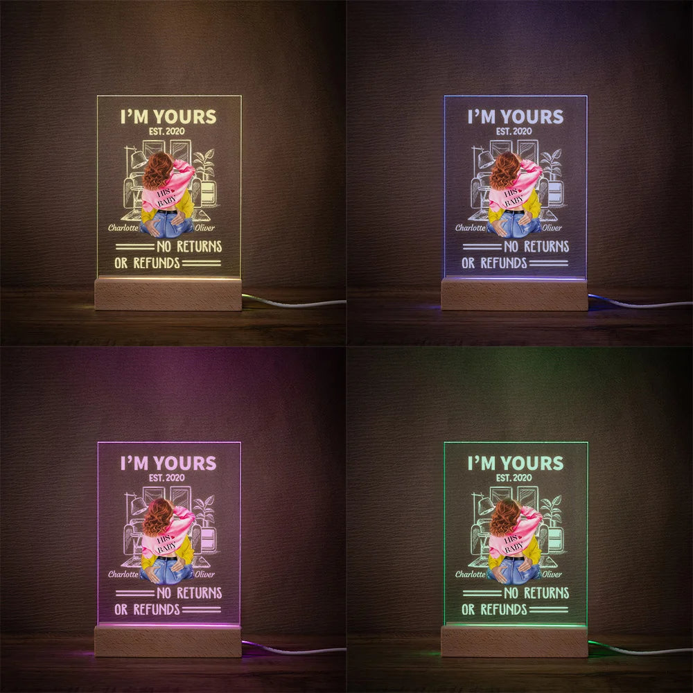 Personalised "I Am Yours No Returns or Refunds" LED Night Light with Wooden Base – Romantic Valentine's Day Gift for Couples