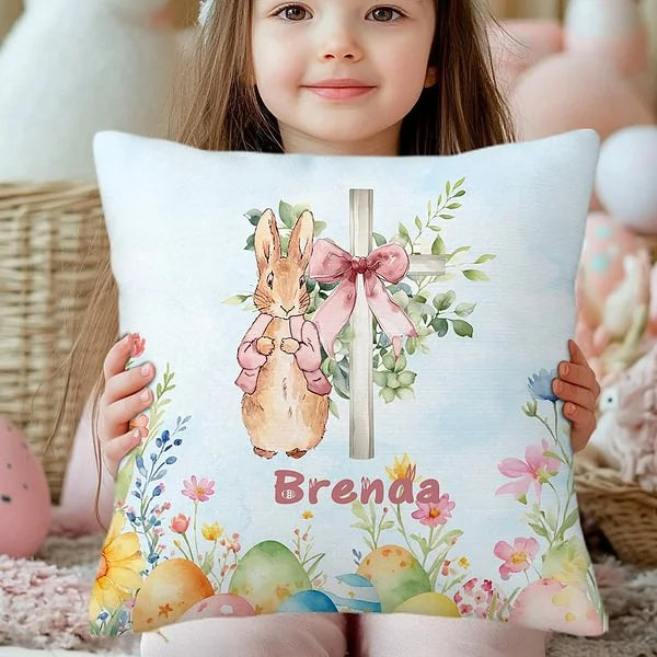 Personalised Floral Cross Peter Rabbit Eggs Pillow Cover with Name Home Decor Soft Throw Pillow Easter Birthday and Baby Shower Gift for Kids Family