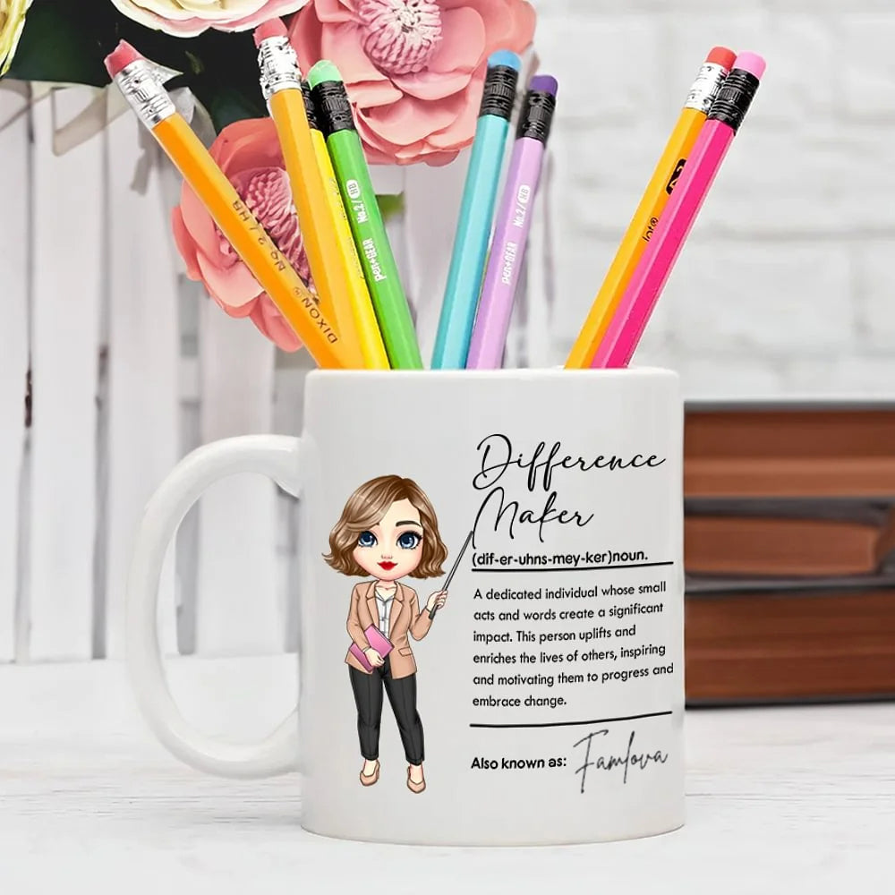 Personalised Difference Maker Cartoon Teaching Character Ceramic Mug with Name Perfect Teacher’s Day or Back-to-School Gift