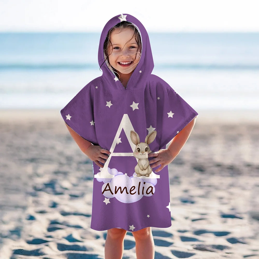 Personalized Oversized Hooded Beach Towel with Forest Animals, Name and Initial – Super Absorbent Travel Summer Vacation Birthday Gift for Kids