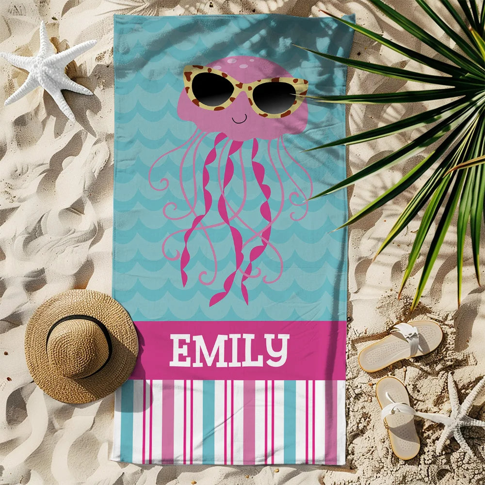 Personalized Oversized Quick-Dry Beach Towel with Name Cute Sea Creatures Sunglasses Stripes – Travel Essential Vacation Birthday Gift for Girls Boys