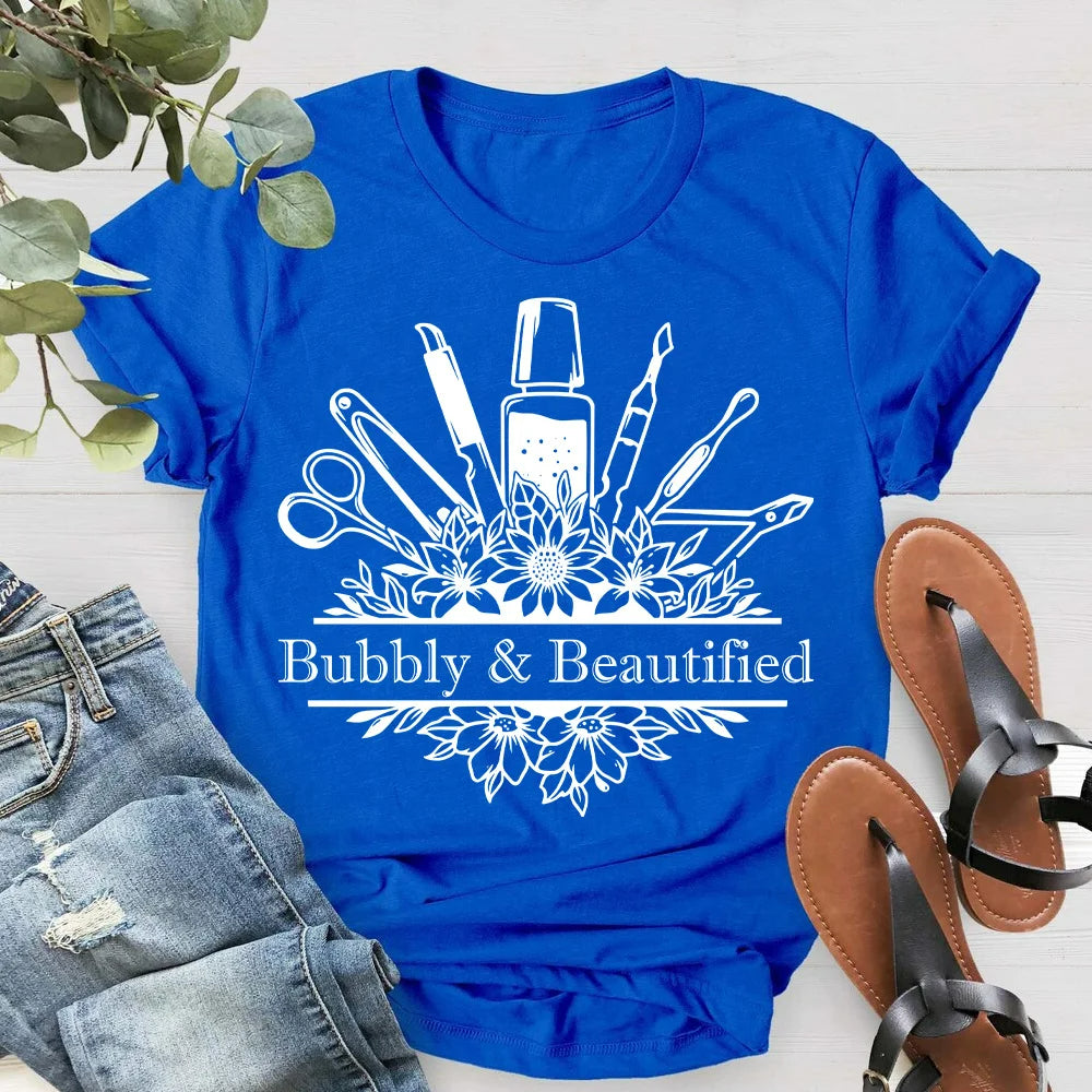 Floral Nail Art T-Shirt with Custom Name - Birthday Gift for Nail Techs & Salon Owners
