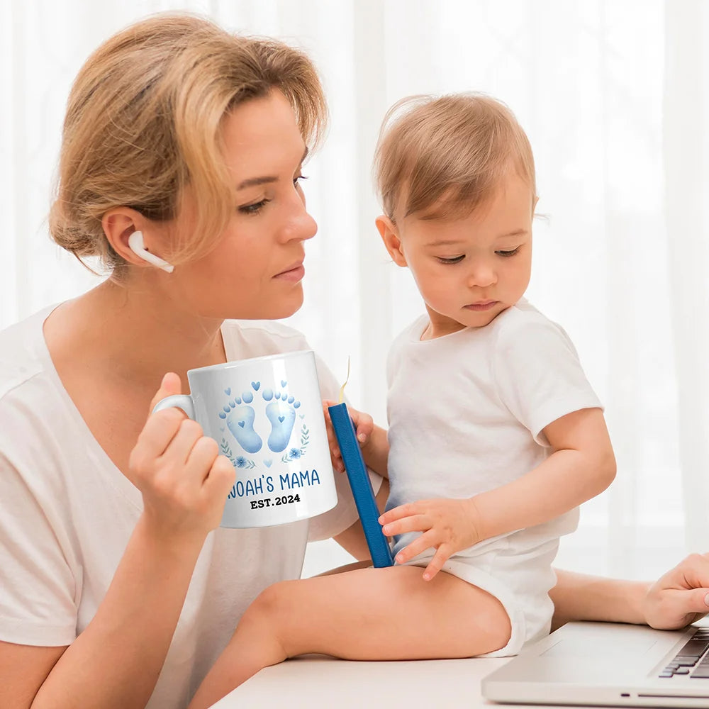 Personalised Baby Footprint Ceramic Mug with Name and Year – Ideal Baby Shower or Birthday Gift for New Parents Mom Dad