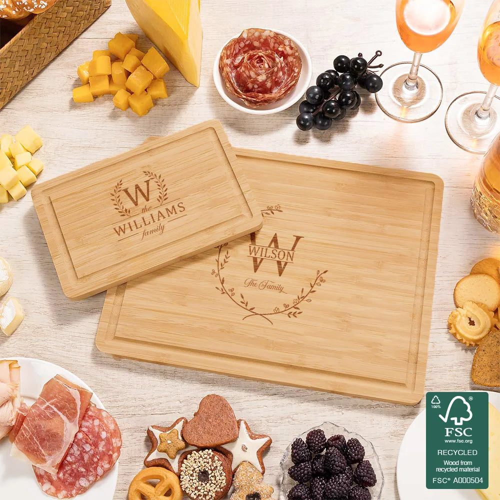 Personalised Bamboo Cutting Board with Engraved Leaf Wreath, Initial and Name – Thoughtful Housewarming or Realtor Gift for Family and Friends