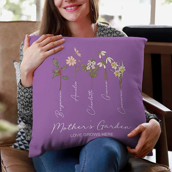 Personalized Family Watercolor Birth Flower Painting Pillow Cover with 1-8 Names – Mother's Day Birthday Gift for Grandma or Mom