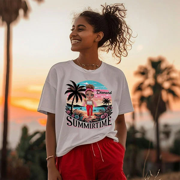 Personalized Cartoon Summertime Beach Sunset Palm Tree 100% Cotton T-shirt with Name Vacation Party Gift for Girls Women