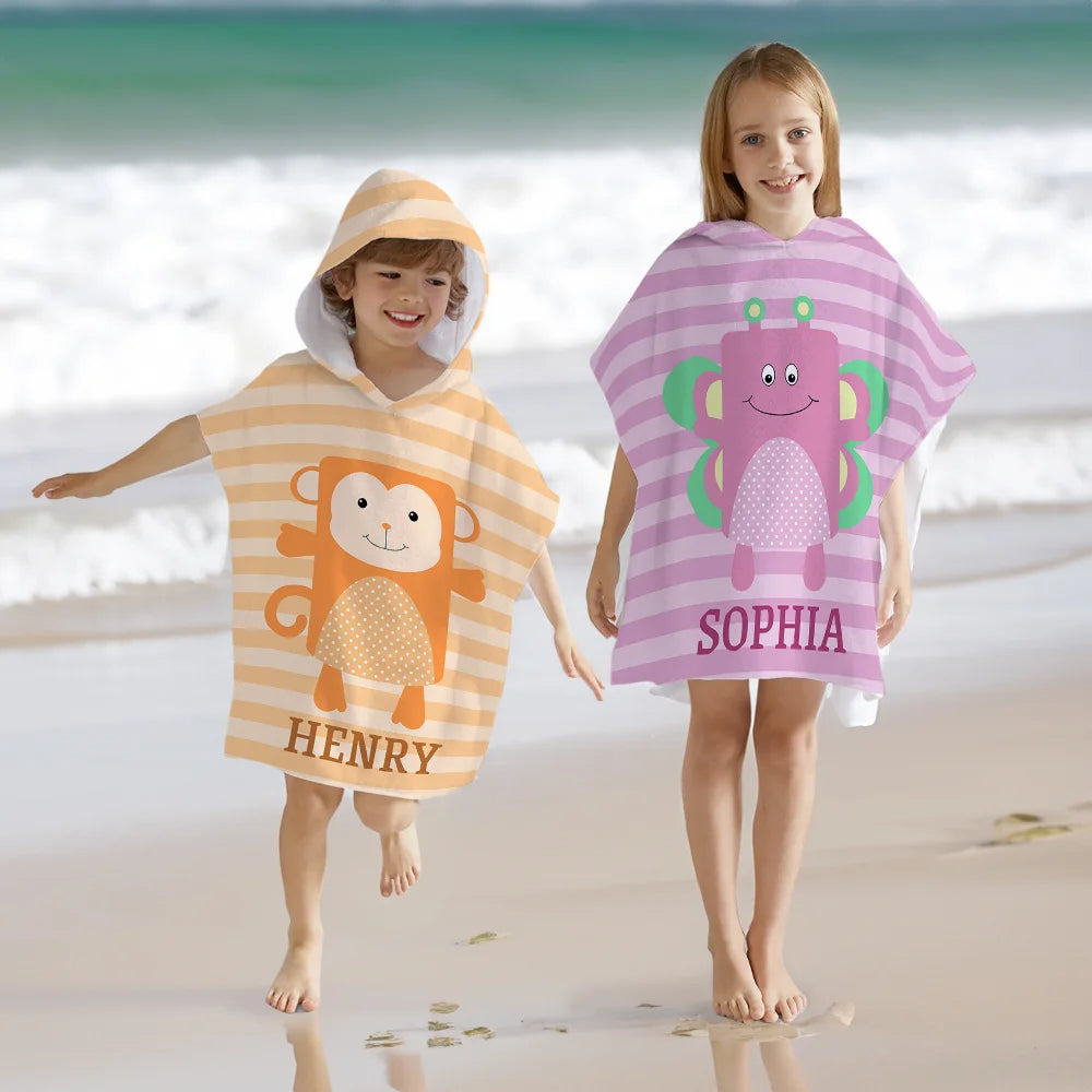Personalized Cute Animal Hamster Owl Stripe Quick-Dry Soft Kid Hooded Beach Towel with Name – Summer Vacation Beach Essential Birthday Gift for Kids