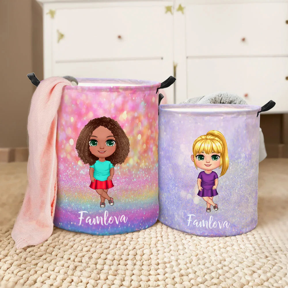Personalised Faux Glitter Cartoon Character Collapsible Laundry Storage Basket with Handle Large Name Housewarming Birthday Gift for Boys Girls