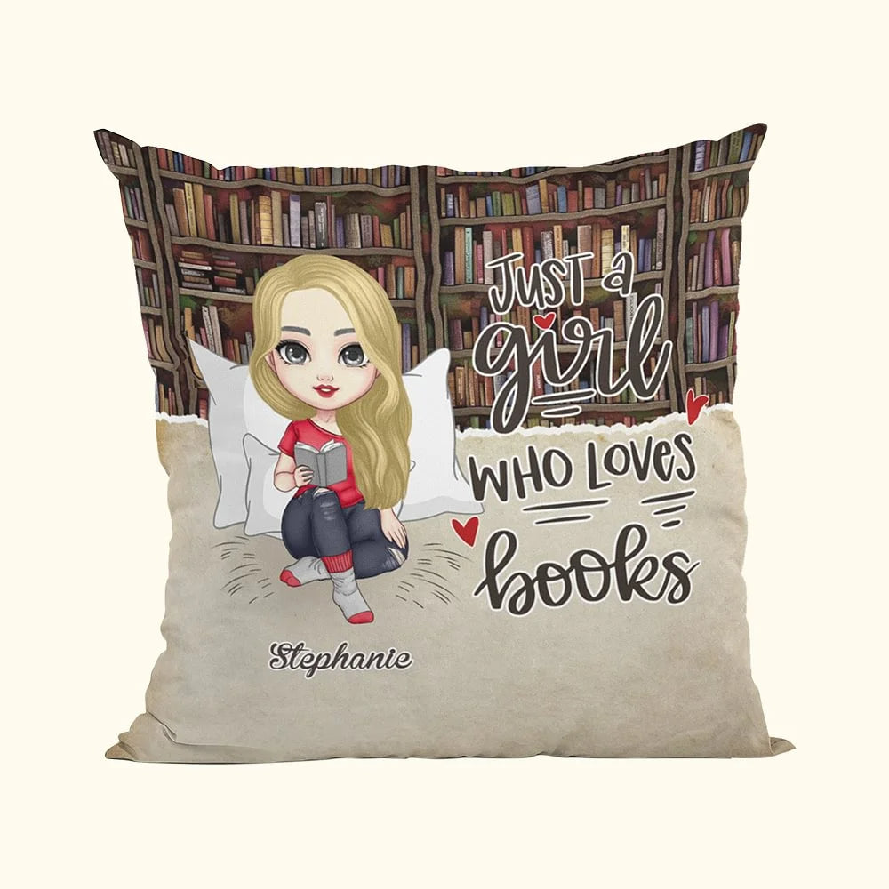 Personalized Vintage Reading Girl Throw Pillow Cover – "Just a Girl Who Loves Books" Cushion Cover – Home Decor for Readers and Bookworm Gift