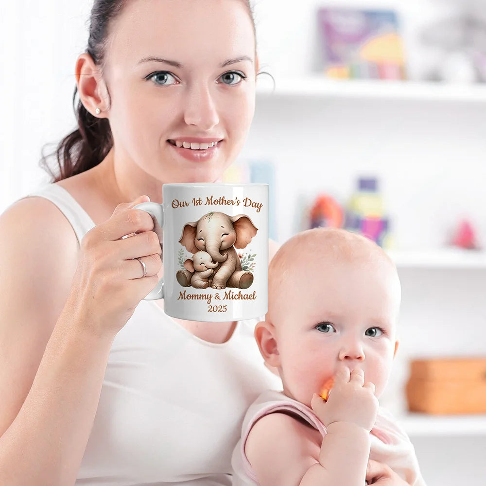 Personalised Our First Mother's Day Ceramic Mug with Adorable Animal Design, Name & Year – Heartfelt Gift for Mom's Special Day