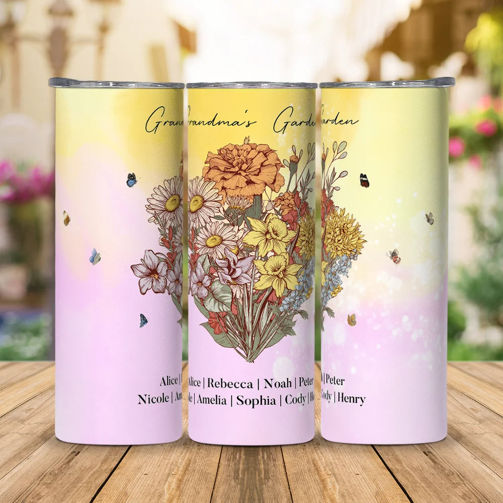 Personalised 20oz Stainless Steel Skinny Tumbler with Custom Birth Flower Bouquet Names and Title Thoughtful Gift for Mom or Grandma