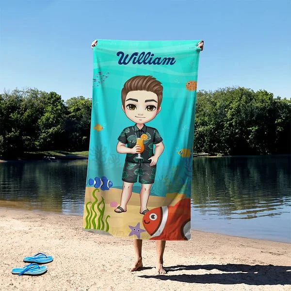 Personalized Cartoon Kid Character Marine Theme Oversized Quick Dry Beach Towel with Name Birthday Summer Vacation Accessories Gift for Boys Girls