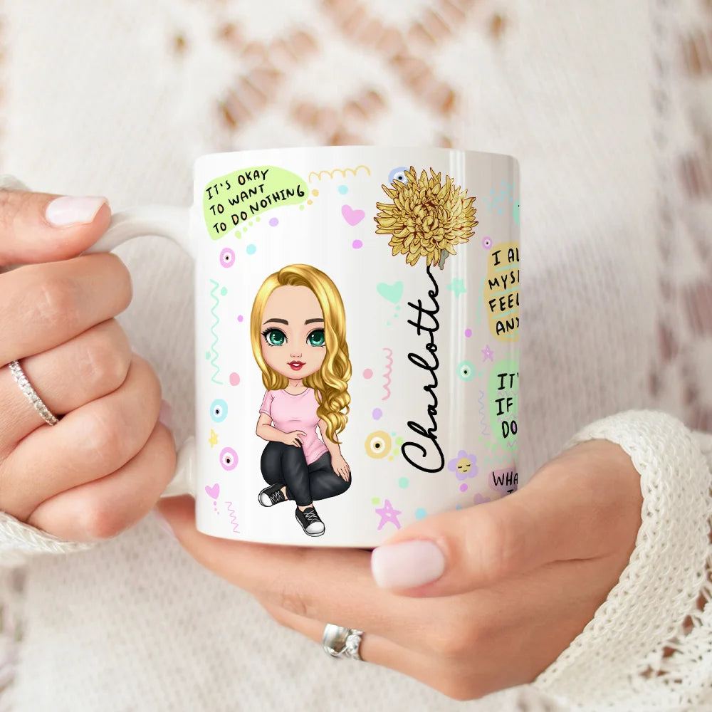 Personalised My Mental Breakdown Cartoon Ceramic Mug with Birth Flower and Name Perfect Birthday Affirmation Gift for Family or Friends