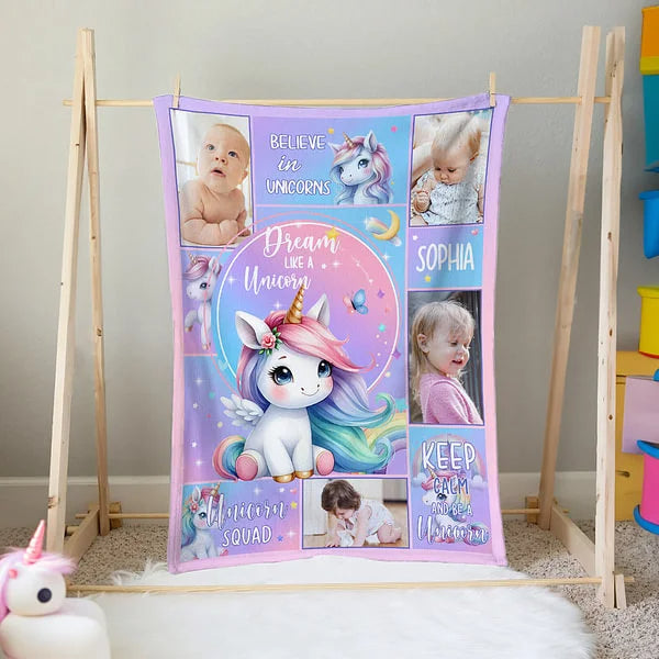 Personalised Unicorn Fantasy Photo Collage Throw Blanket with Name Soft Sofa Decor Perfect Birthday or Baby Shower Gift for Baby Girls