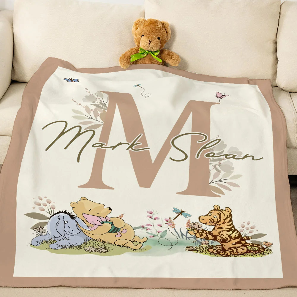 Personalized Soft Throw Blanket with Classic Winnie the Pooh, Name and Initial – Room Decor, Birthday or Baby Shower Gift for Babies and Kids