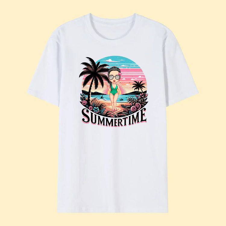 Personalized Cartoon Summertime Beach Sunset Palm Tree 100% Cotton T-shirt with Name Vacation Party Gift for Girls Women