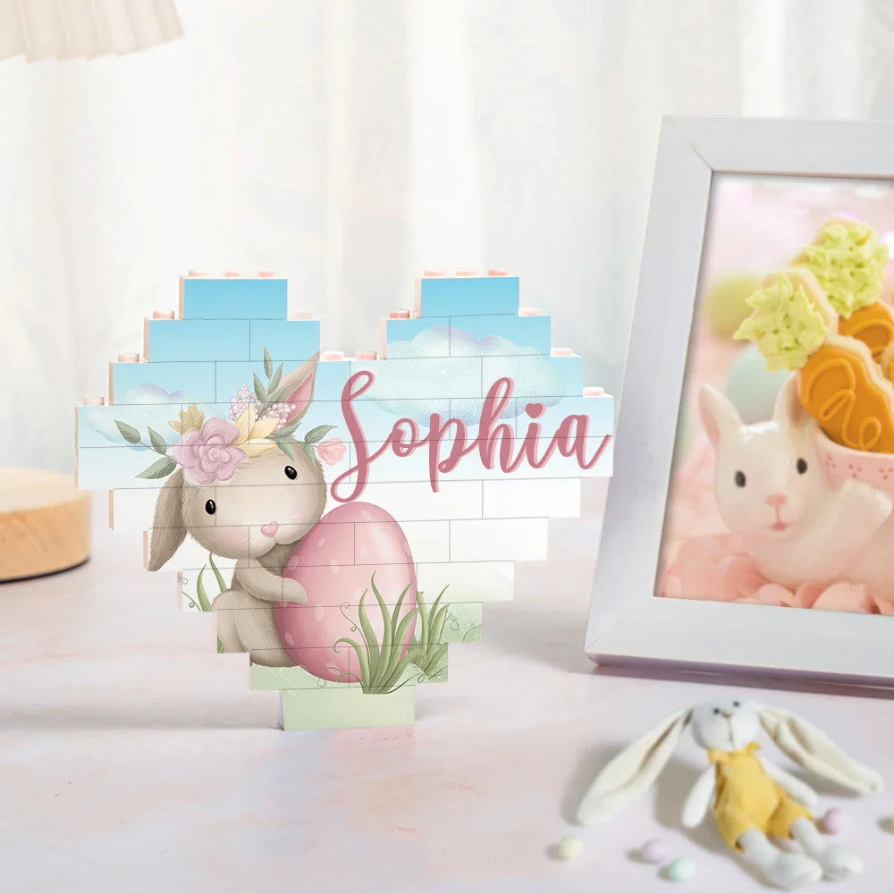 Personalised Adorable Bunny and Easter Egg Heart-Shaped Building Brick Puzzle with Name – Fun Easter Party or Birthday Gift for Kids