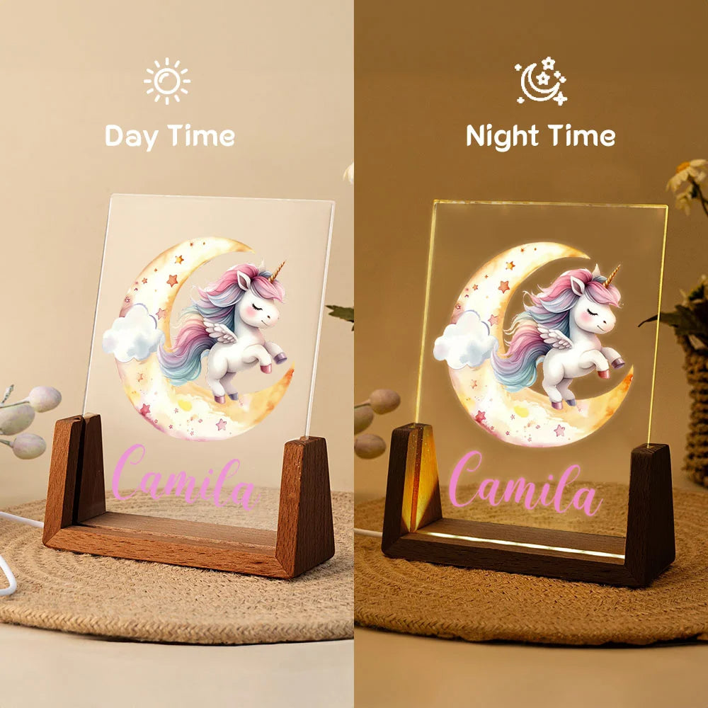 Personalised Magical Unicorn and Moon LED Night Light with Name – Cute Fantasy Design Wooden Base Nursery Decor Birthday or Baby Shower Gift for Kids