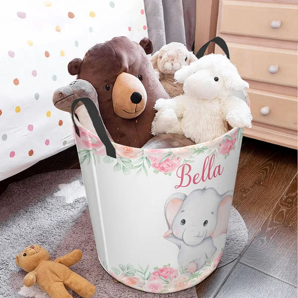 Personalized Floral Elephant Waterproof Oxford Cloth Toy Storage Laundry Basket with Name Birthday Gift for Children
