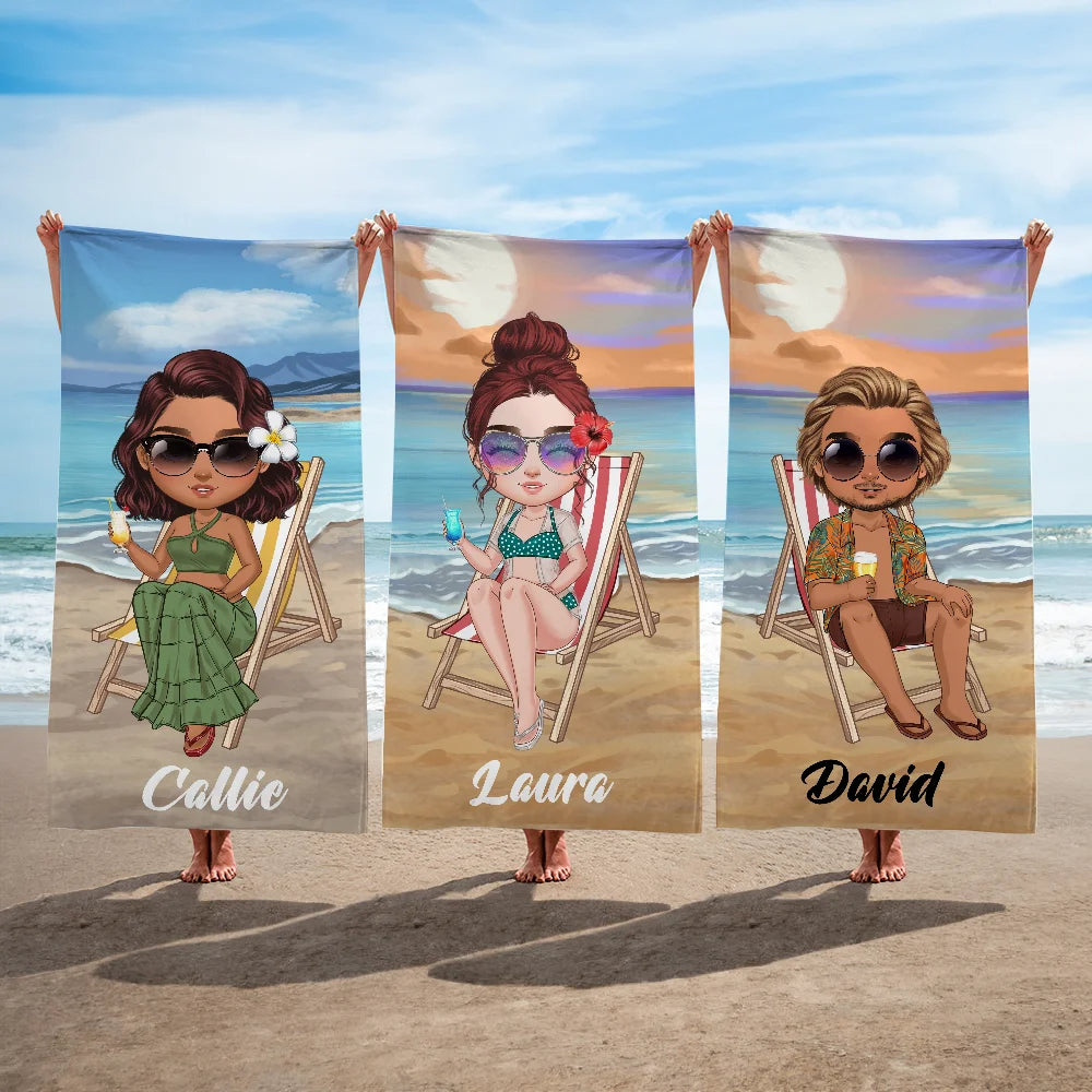 Personalized Beach Towel Sky Blue Sunset | Quick-Dry Oversized Microfiber with Vibrant Cartoon Design | Summer Travel Gift for Family and Friends Custom Name