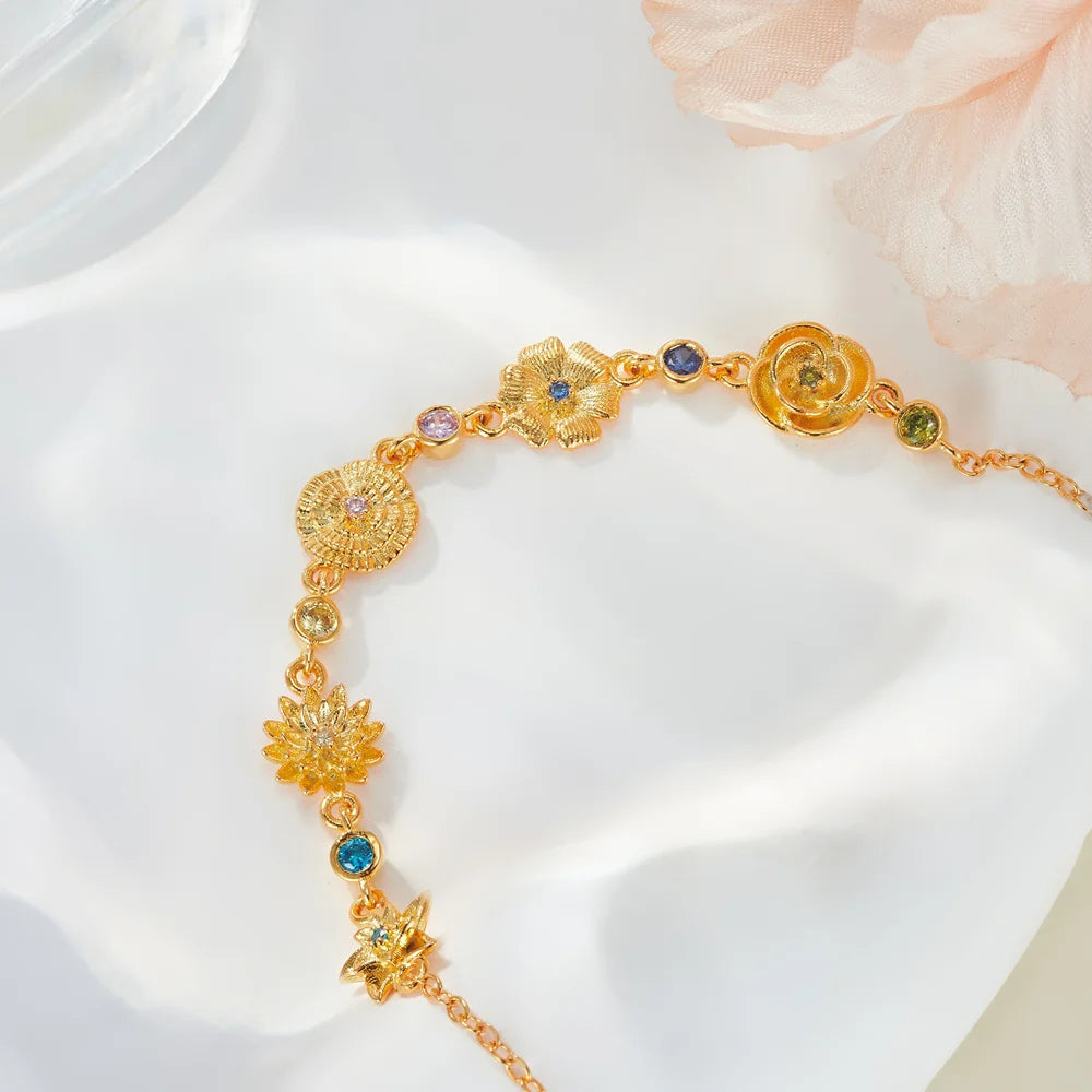 Personalized Dainty 1-5 Birth Flower Birthstone Mixed Charm Bracelet Family Jewelry Mother's Day Anniversary Birthday Gift for Women