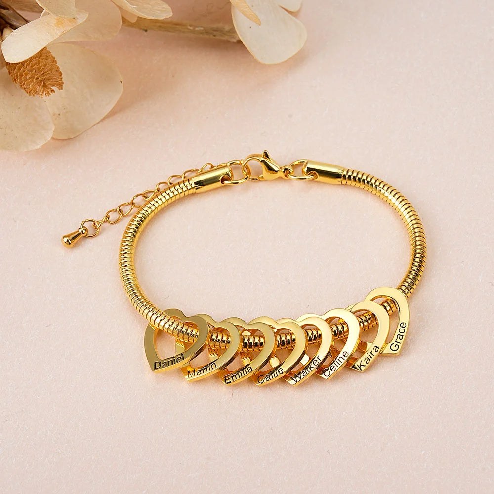 Personalized Dainty Heart Charm Bracelet with 2-5 Engraved Names Family Jewelry Mother's Day Birthday Gift for Mom Grandma