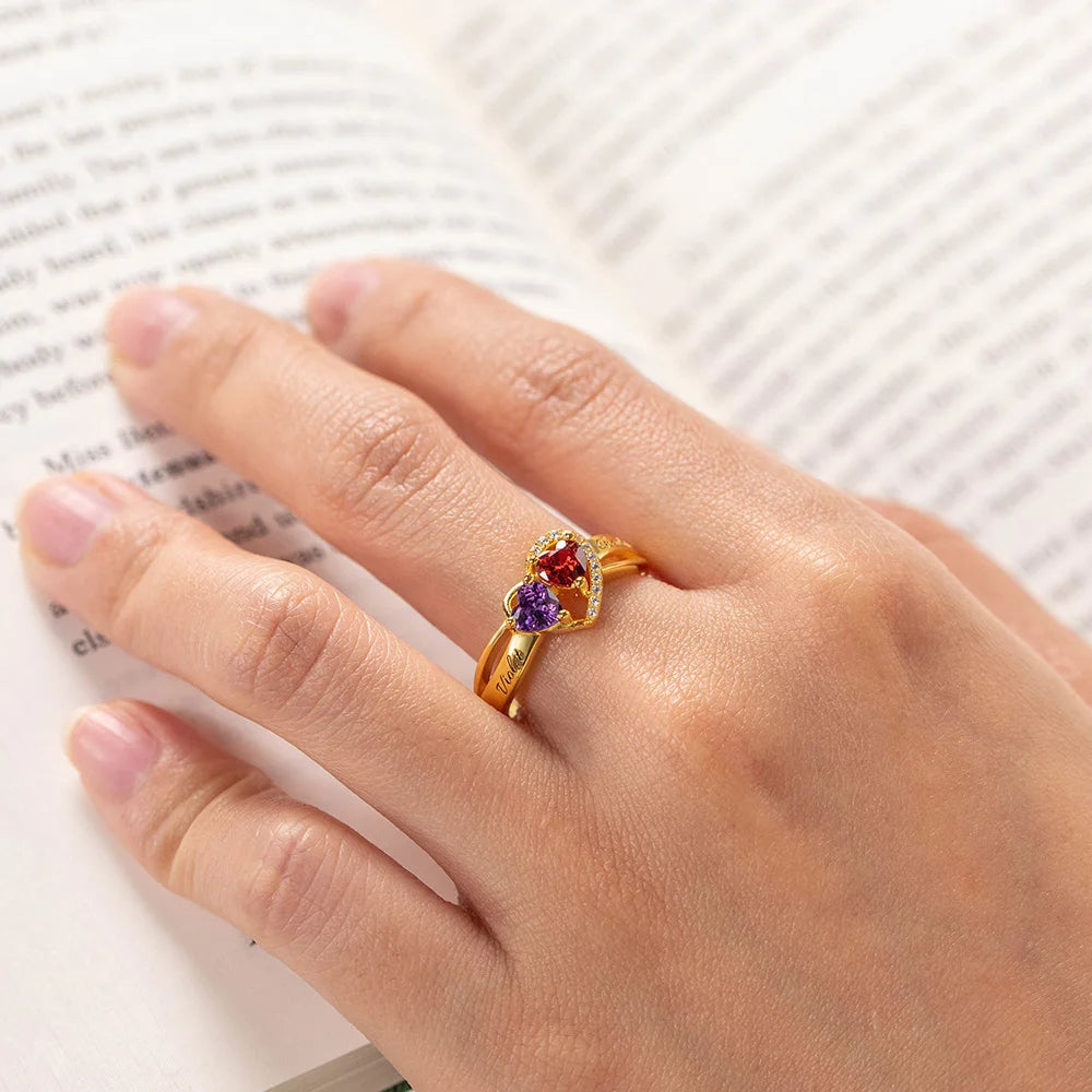 Personalized Double Heart Birthstone Promise Ring with Engraved Text Valentine's Day Gift for Her